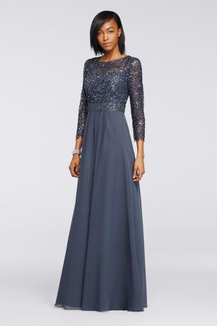 Sequin Lace Long Chiffon Dress with 3/4 ...